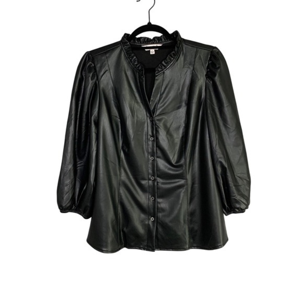 Nanette Lepore Black Faux Leather Puff Sleeve Ruffle Neck Button Top‎ Size M